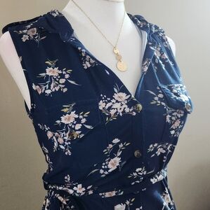Womens NO BOUNDARIES XS Navy BLUE Floral Sleeveless Body-Con Button Dress